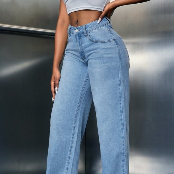 Wide Leg Denim Pants, Drop waist Slant Pocket Wide Leg Jeans - Picture 5 of 6
